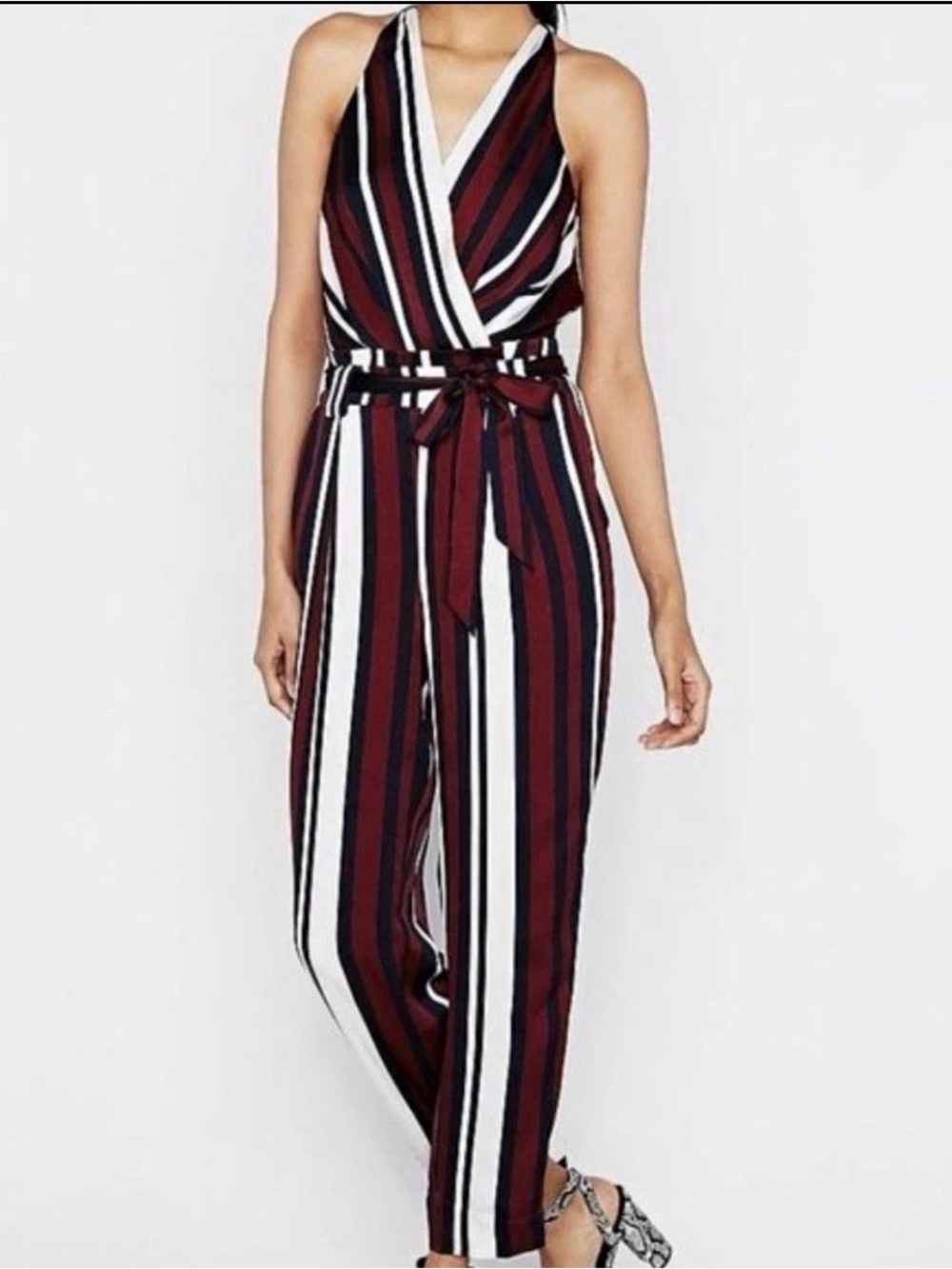 Express Striped V-Neck Sleeveless Belted Tapered Jumpsuit Burgundy 4